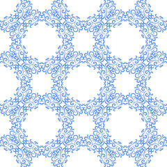 Blue floral ornaments on white background. Seamless pattern for textile