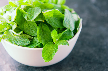 Fresh mint leaves in the ceramic bowl on the dark stone background. Healthy vegetarian food...