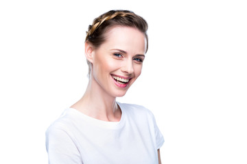 smiling woman in white t-shirt