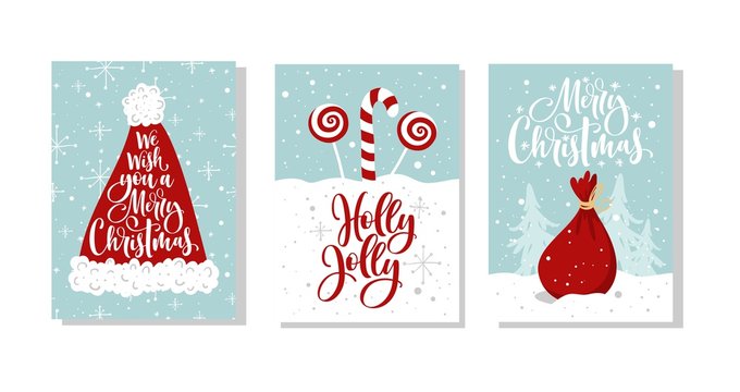 Christmas Greeting card set with handwritten lettering. Posters set.