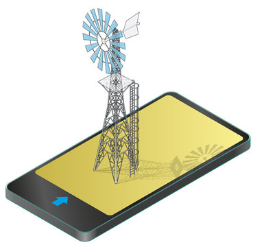 Outlined wind pump for pumping of water on farm in mobile phone. Home wind power plant for power generation in communication technology. Industrial agriculture building.Vector windmill illustration.