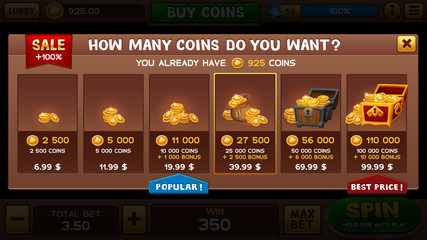 Buy coins pop-up. Vector illustration