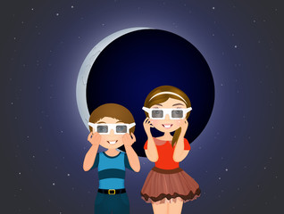 children look at eclipse with 3d sunglasses