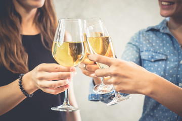 Group of women celebrating in a party, clinking glasses of wine,beer,liquor, spirit, booze with happy and relaxing feeling, party and celebration concept vintage tone