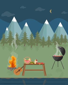 Barbecue picnic in the mountains at night. Green nature Vector flat styles