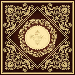 Vintage  luxury greeting card. Vector ornate  border. Golden frame on a brown background.  Template for design. 