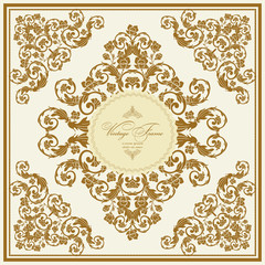 Vintage  luxury greeting card. Vector ornate gold border. Template for design.