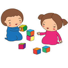 Дети играют в кубики