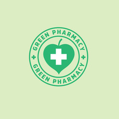 Green pharmacy. Medicines from plants. Green leaf and a cross with inscriptions in the circle.