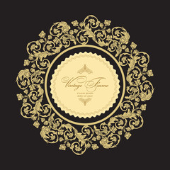 Golden round frame on a dark background.
Vintage  luxury greeting card. Vector ornate  border.   Template for design. 