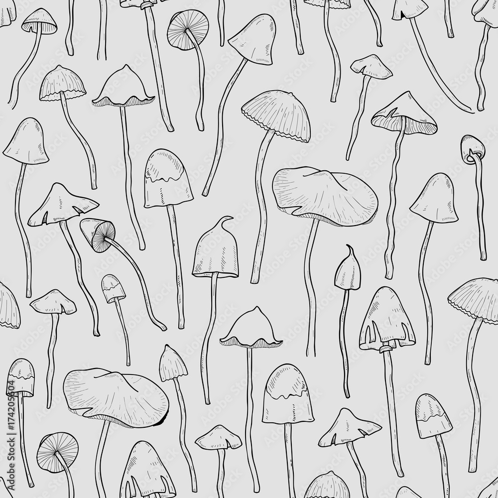 Poster seamless pattern with psilocybin or hallucinogenic magic mushrooms hand drawn with contour lines on 