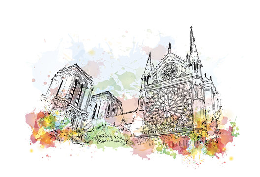 Watercolor sketch of Notre-Dame de Paris France in vector illustration.