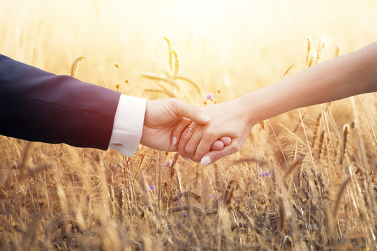 Wedding Couple Holding Hands Over Ears Of Corn