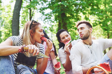 Obraz premium Group of friends having pic-nic in a park on a sunny day - People hanging out, having fun while grilling and relaxing