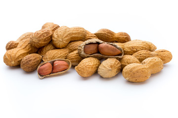 Dried peanuts on the white background.