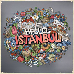 Cartoon cute doodles hand drawn Hello Istanbul inscription