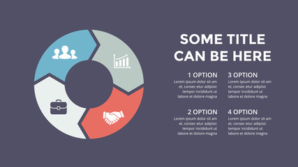 Vector circle arrows infographic, cycle diagram, graph, presentation chart. Business concept with 4 options, parts, steps, processes. 16x9 dark slide template.