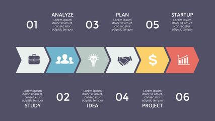 Vector arrows timeline infographic, diagram chart, graph presentation. Business progress concept with 6 options, parts, steps, processes.