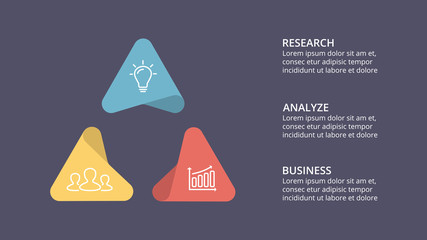 Vector circle arrows infographic, cycle diagram, graph, presentation chart. Business concept with 3 options, parts, steps, processes. 16x9 dark slide template.