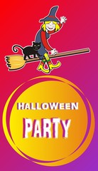 Halloween party, banner, witch and cat on broom