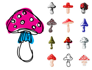 Amanita fly agaric toadstool mushrooms fungus different art style design vector illustration red hat