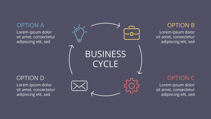 Vector linear circle arrows infographic, cycle diagram, graph, presentation chart. Business minimal infographics concept with 4 options, parts, steps, processes. 16x9 dark slide template.
