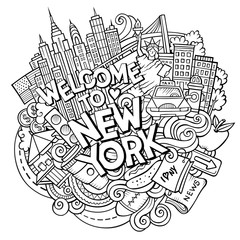 Cartoon cute doodles hand drawn Welcome to New York inscription