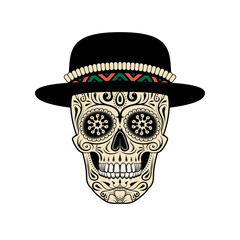 Graphic illustration of sugar skull in hat