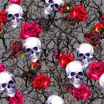 Skulls, rose flowers, branches. Seamless pattern. Watercolor for Dia de los Muertos