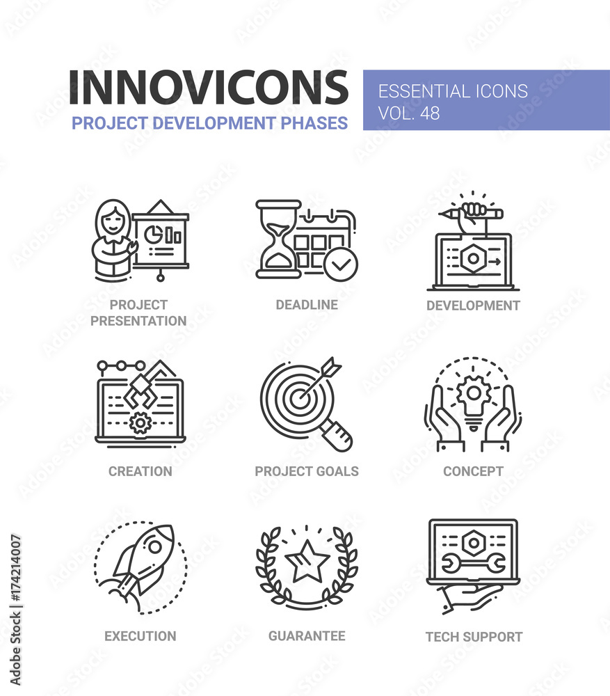 Poster project development phases - modern vector line icons set