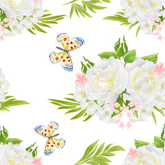 Seamless texture white roses  and buds  and butterfly vintage  festive  background vector illustration editable hand draw