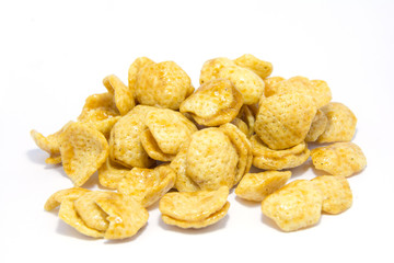 Fied sweet potato chips, Coated with butter caramel sweet. on white background. on white background