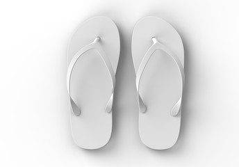 Pair of blank white beach slippers, design mock up, clipping path, 3d illustration. Home plain flip flops mock up template. Clear bath sandal display. Bed shoes.