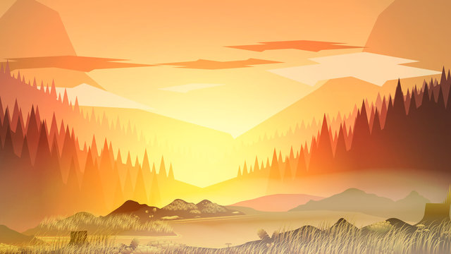 Abstract Mountain Lake  and Forest in the Morning - Vector Illustration