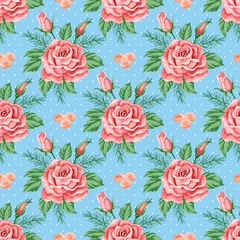 Gordijnen Seamless pattern with roses and flowers. Vector Illustration in retro style © nonikastar