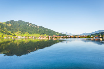 Obraz premium Switzerland. Arth-Goldau Small towns in Europe. Switzerland. Along the coast of Lake Zug.