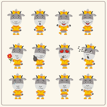 Collection emoticons of isolated girls goat in cartoon style. Set of charming little goat girl in various poses. 