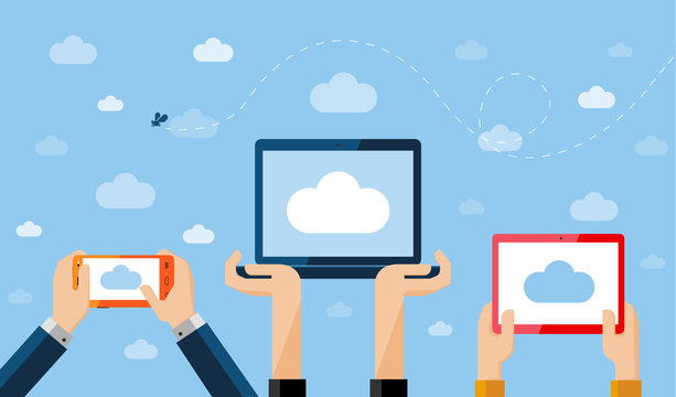 Cloud computing concept. Hands holding smartphone, computer laptop and tablet with cloud image on screen high against the sky.