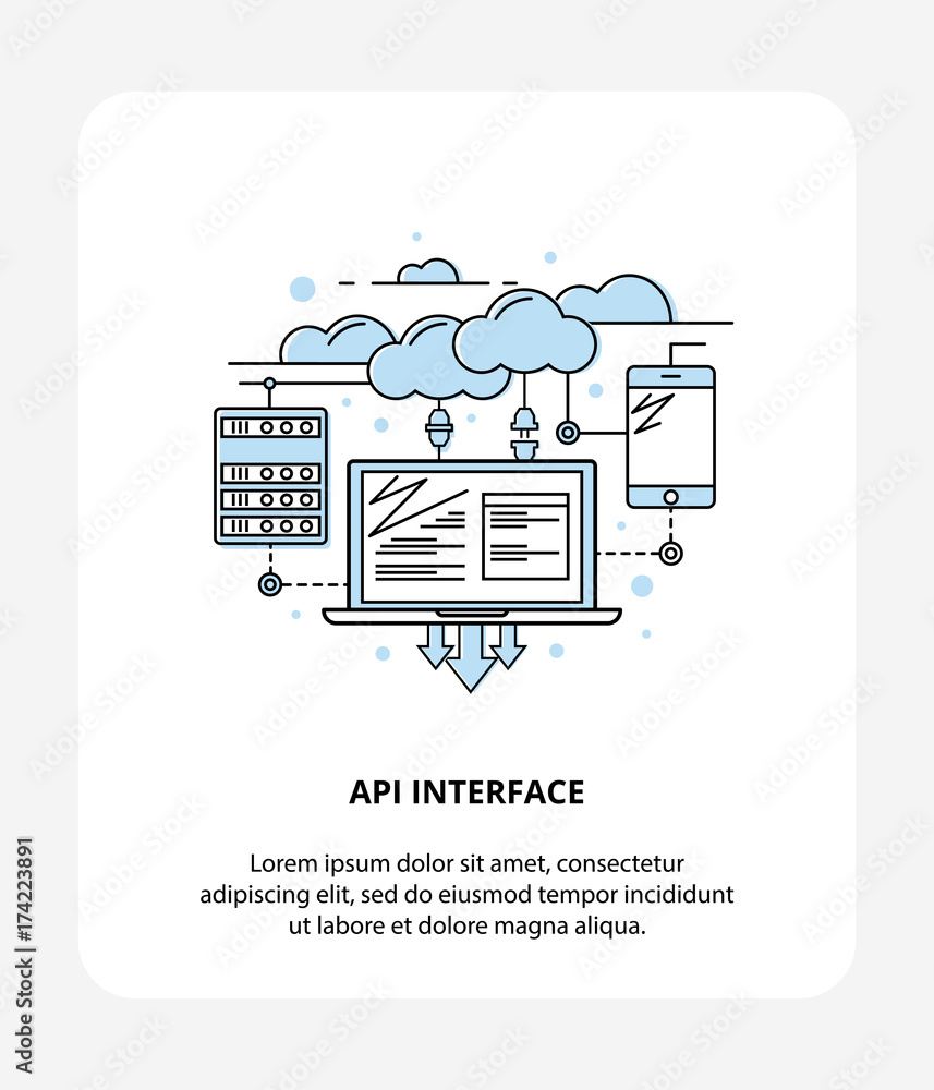 Aufkleber api application programming interface with laptop, cloud data and mobile. logo style, api infographi