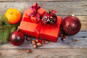 Christmas decoration over wooden background.