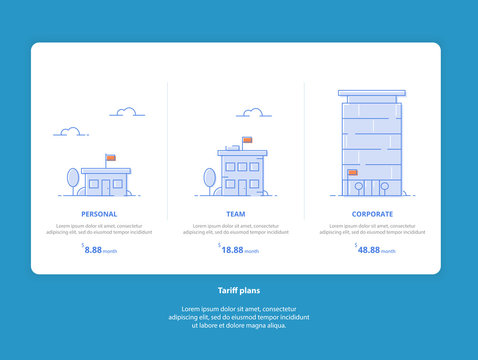 Set Web Tariffs: Personal, Team, Corporate. Interface for the site. UI UX vector banner for web app. Pastel pricing table, banner, list with tariff plan for website in flat design.