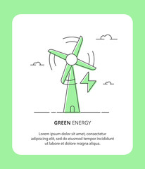 Flat Line Vector Icon Style of Eco Green Energy. Wind power station, symbol of renewable energy, sustainable technology, ecology solutions. Element for website, mobile app, green smart city.