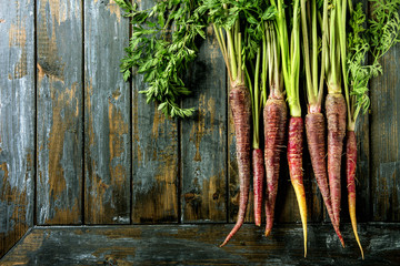 Bundle of raw organic purple carrot with green top haulm over old wooden plank background. Top view...
