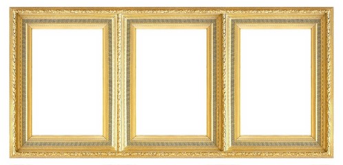 Golden frame of three parts (triptych) on a white background for paintings, mirrors or photos
