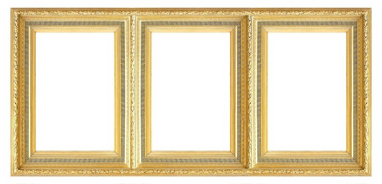 Golden frame of three parts (triptych) on a white background for paintings, mirrors or photos