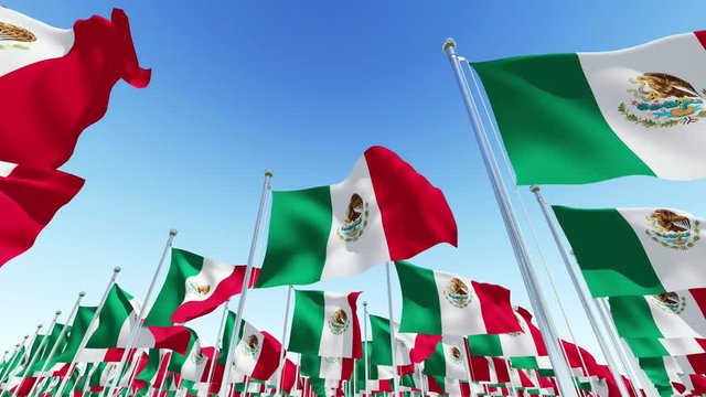 Flags of Mexico on flagpoles against blue sky. Three dimensional 3D rendering animation.