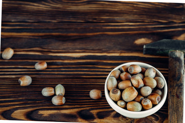 tasty fried hazelnut on wood sighting apetite very useful for winter