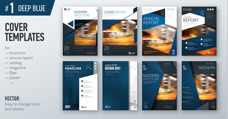 Set of business cover design template in dark blue color for brochure, report, catalog, magazine or booklet. Creative vector background concept