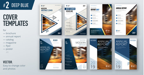 Set of business cover design template in dark blue color for brochure, report, catalog, magazine or booklet. Creative vector background concept