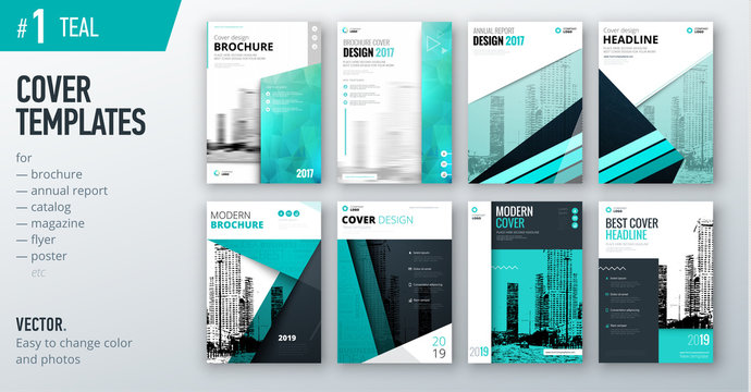 Set of business cover design template in teal color for brochure, report, catalog, magazine or booklet. Creative vector background concept